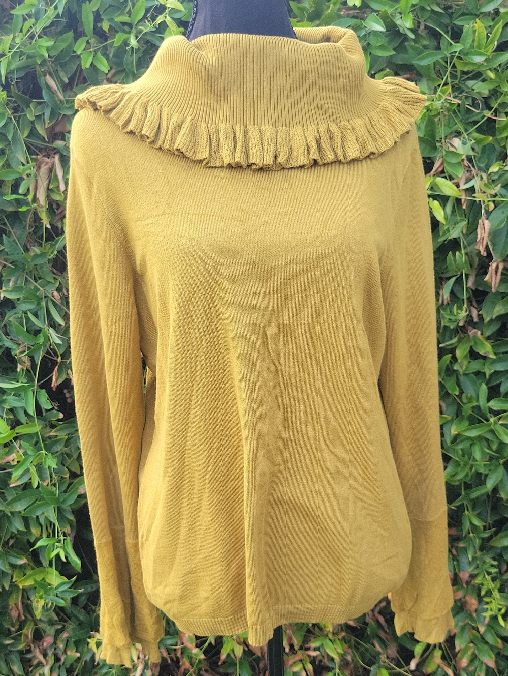 Chartreuse Ruffle Funnel-Neck Boho Long Sleeve Sweater L